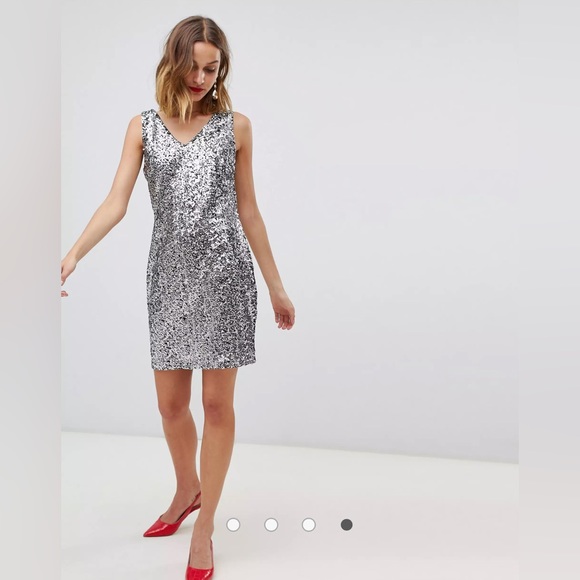 ASOS NWT Pieces Sequin V Neck Shift Dress | Size Small | Silver - Picture 3 of 6